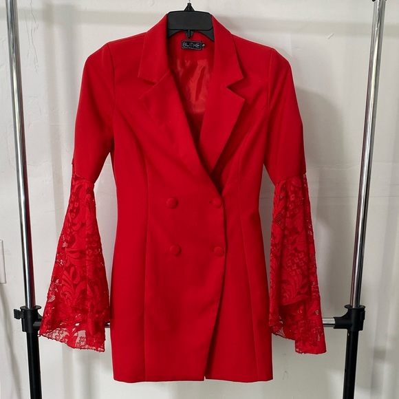 Blithe Women’s Red Blazer Dress Size Small – Double Breasted, Lace Bell Sleeves - Picture 2 of 8